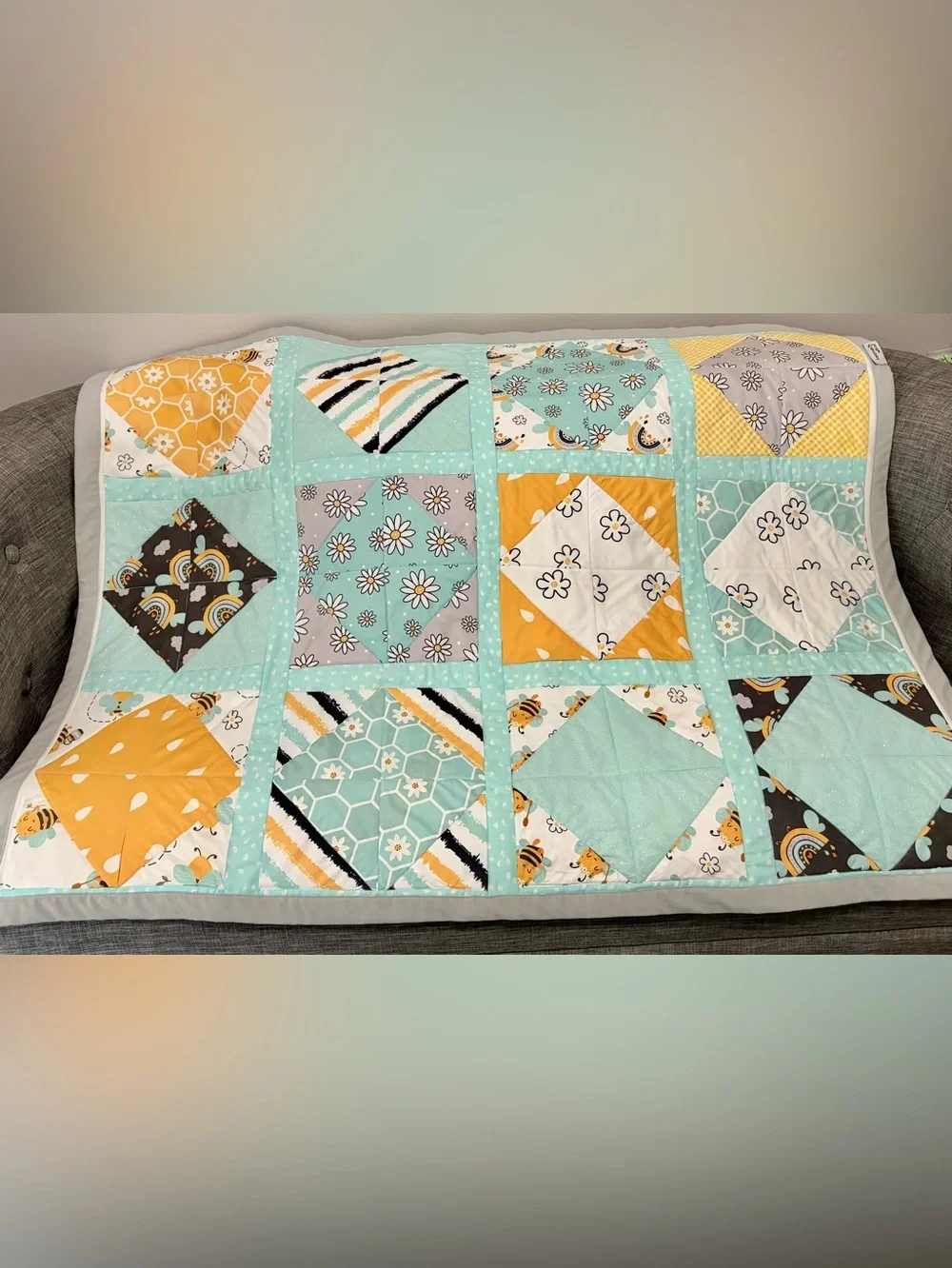 Aqua & Mustard Patchwork Baby Quilt by